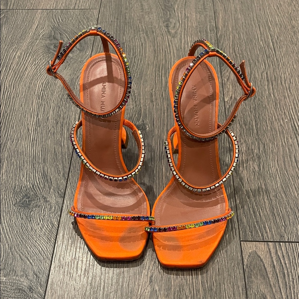 Amina Muaddi Vibrant Orange Heels with Multicolor Embellishments